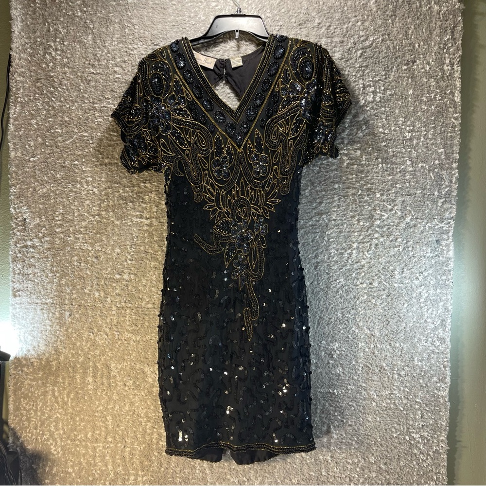 Lawrence‎ Kozar New York Beaded Sequins Little Black Silk Cocktail Dress Size PS